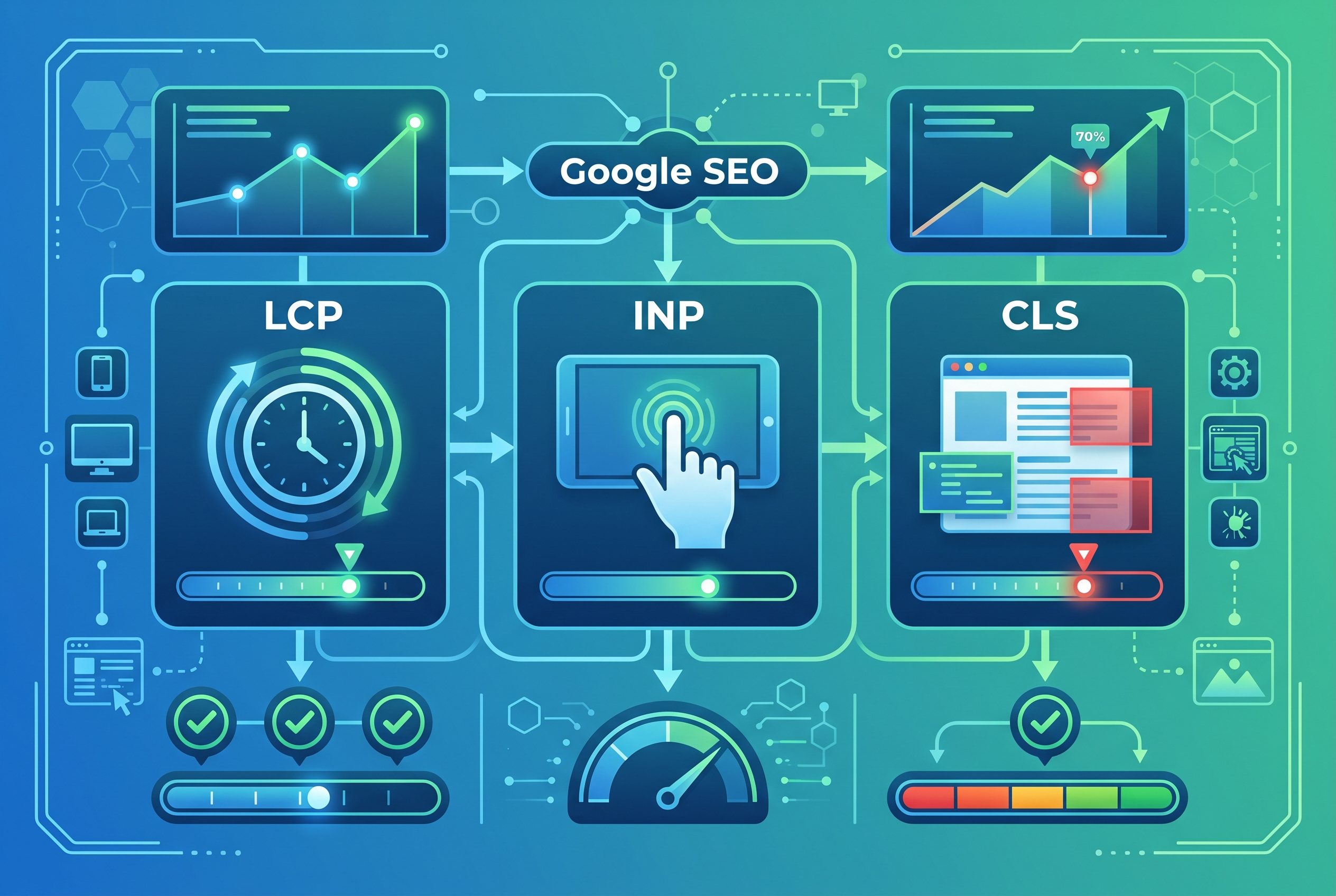 Core Web Vitals 2025 — LCP, INP, CLS metrici Google SEO