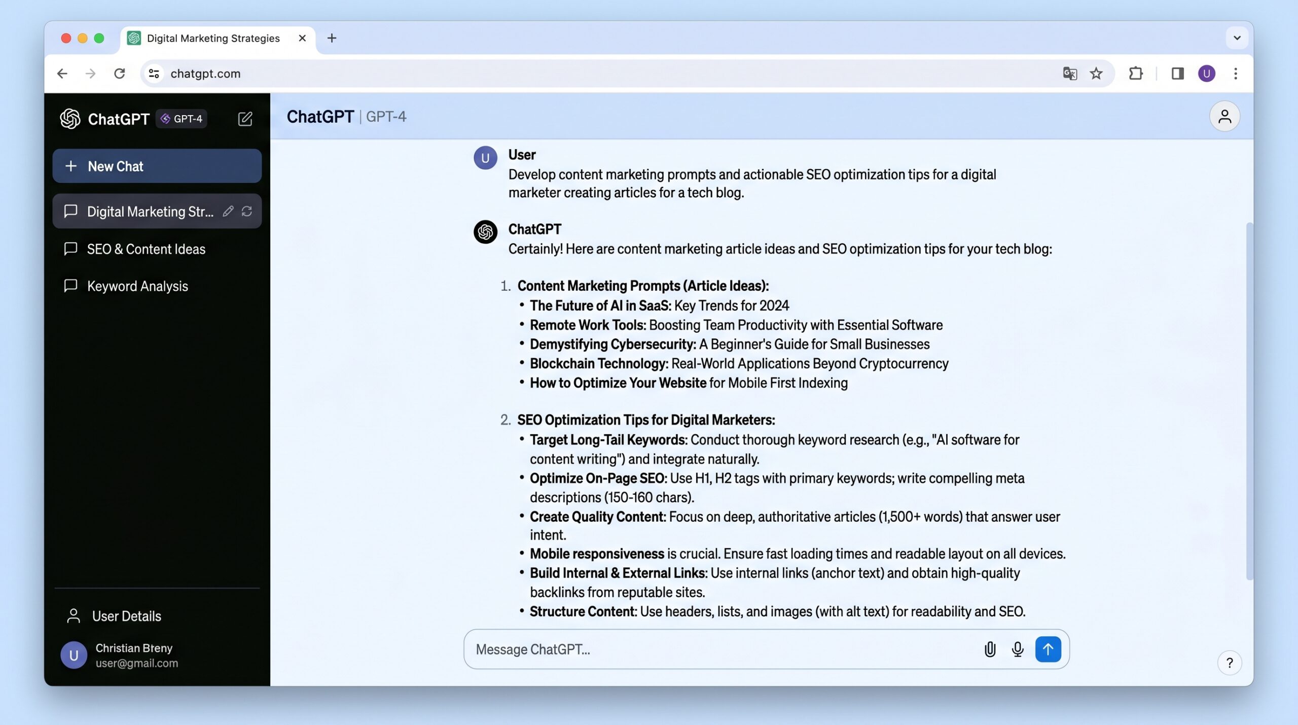 ChatGPT interface showing content marketing prompts and SEO optimization strategies for specialistii SEO