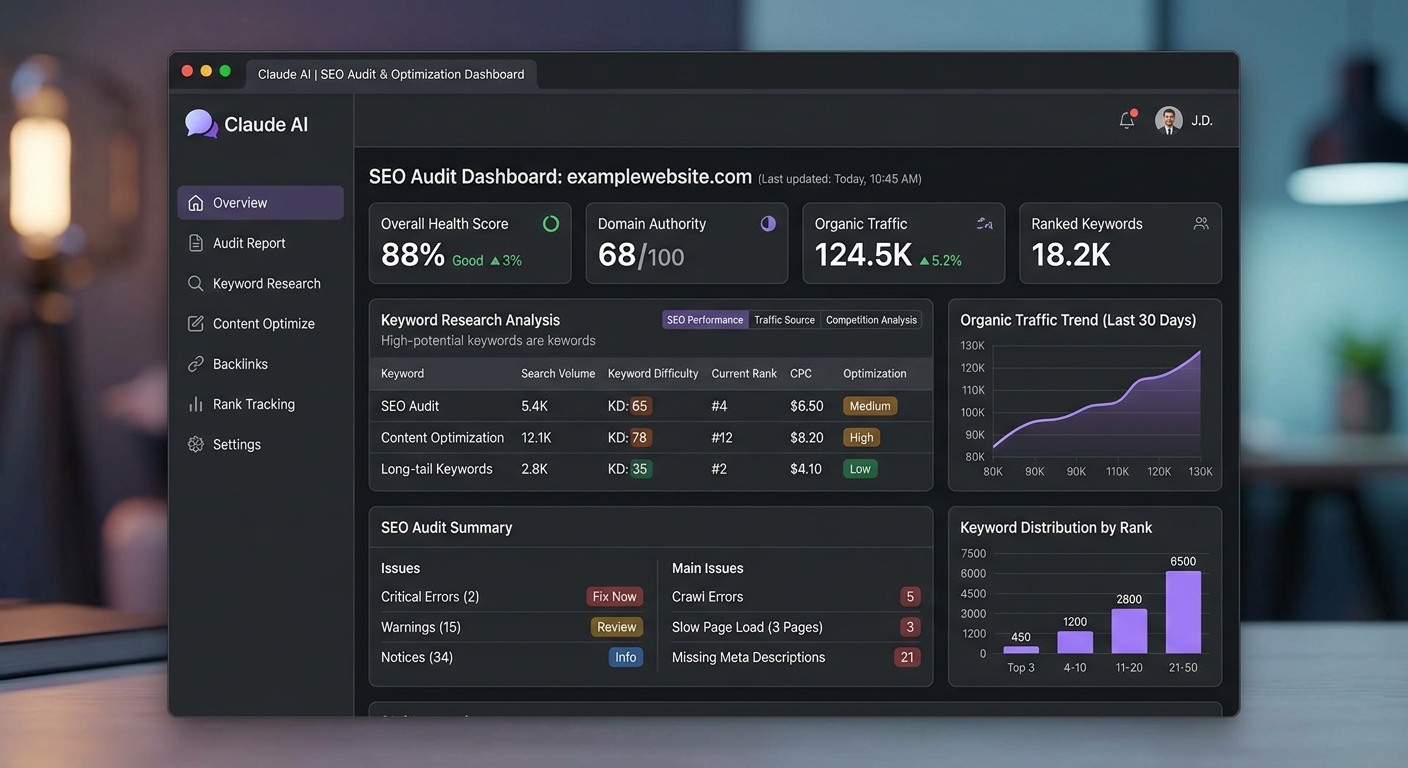 audit SEO cu Claude AI - analiza cuvinte cheie si optimizare
