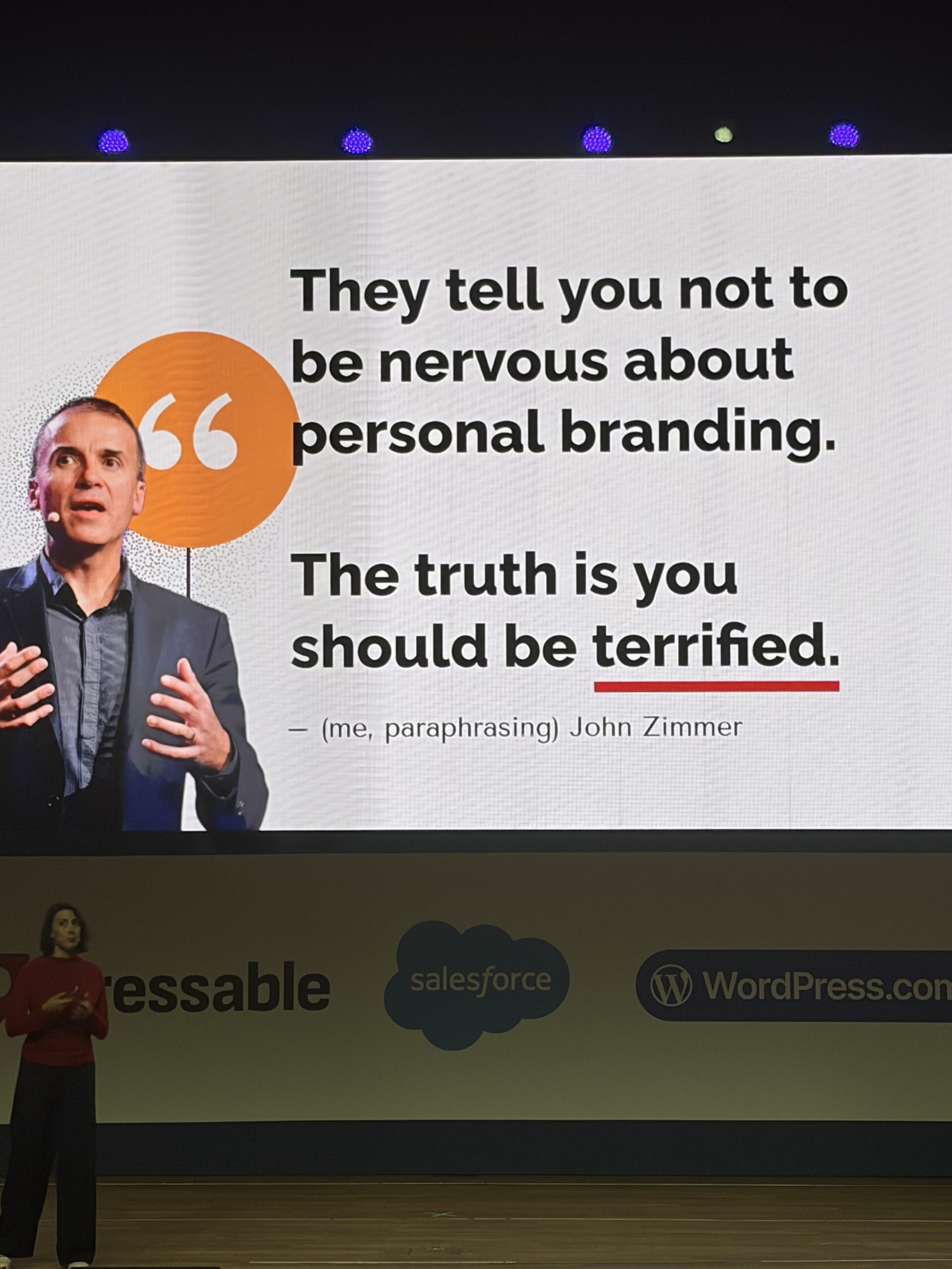 Slide personal branding WCEU 2026 Krakow - John Zimmer quote terrified