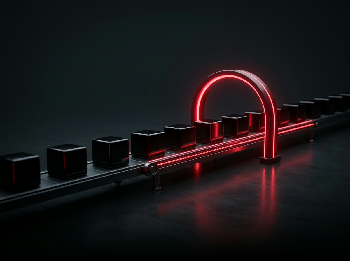 Cuburi negre pe o bandă rulantă, trecând printr-o arcadă roșie luminoasă, redare 3D