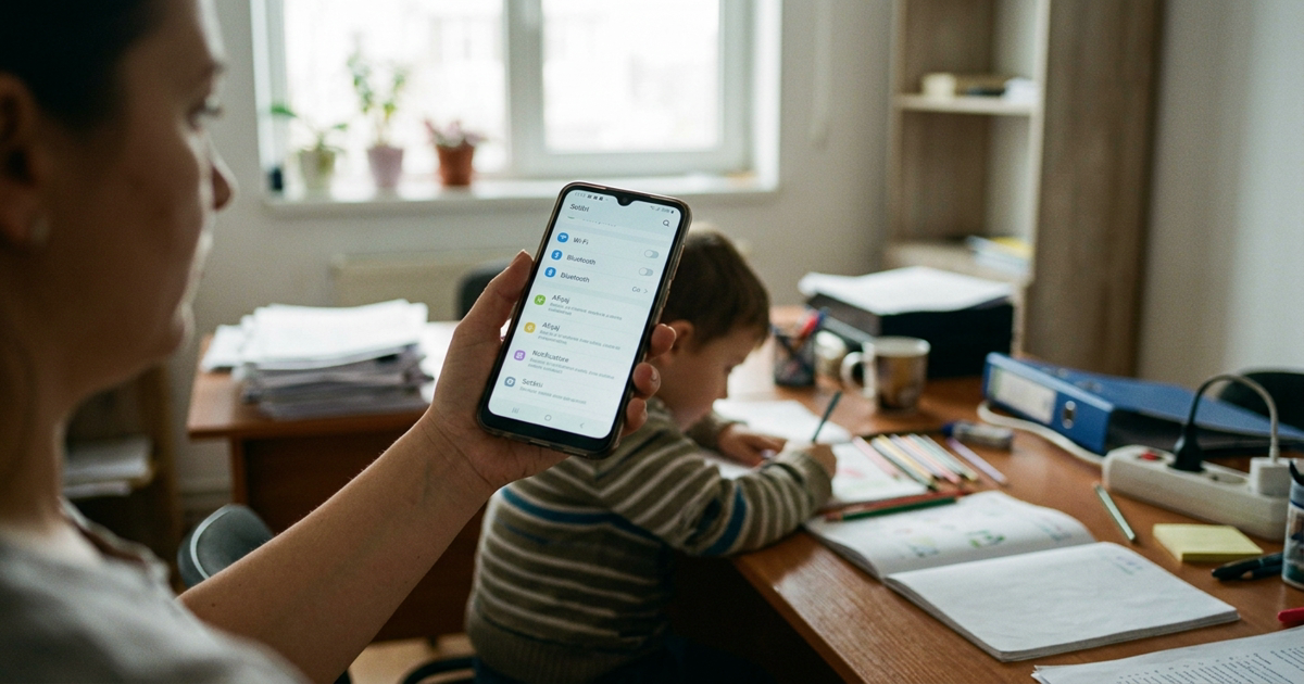 Mana de adult tinand un telefon cu setarile de control parental aplicatii AI, copil in fundal la masa, apartament romanesc, lumina de zi