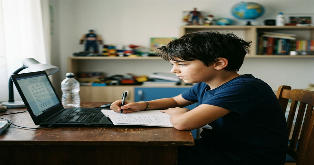 Copil de 12 ani scrie cu pixul în caiet și se uită la laptop, exemplu de cum să ceri de la AI