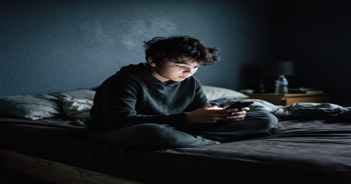 Adolescent de 13 ani cu telefonul în mână pe marginea patului seara târziu, aplicații prieten AI copii