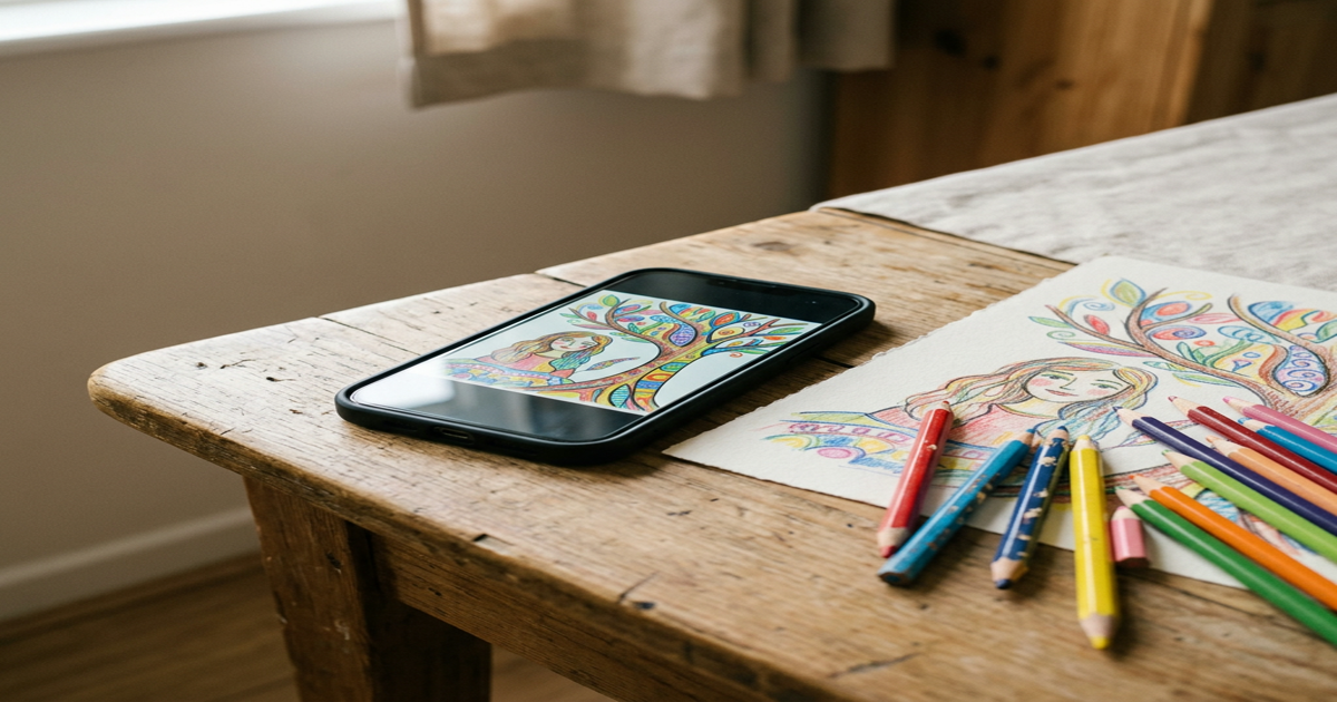Telefon pe masă cu un desen colorat făcut dintr-o fotografie, creioane și o foaie desenată, aplicații AI desene copii