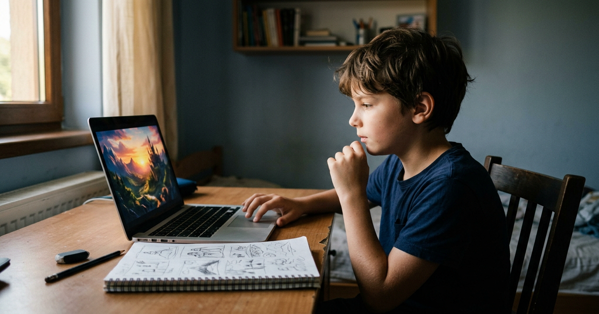 Copil de 12 ani la laptop în camera lui, cu un cadru de film colorat pe ecran și un caiet cu schițe alături, film cu AI copii